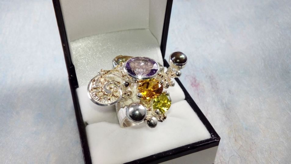 Cyber Ring 1565, Sterling Zilver, Goud, peridoot, Citrien, Amethist, Perlen, Origineel Handgemaakt, Gregory Pyra Piro