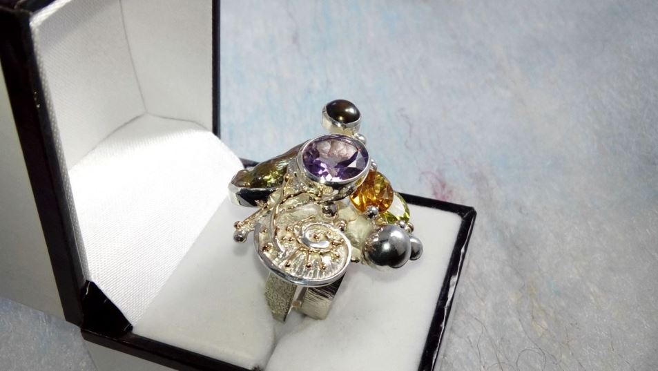 Cyber Ring 1565, Sterling Zilver, Goud, peridoot, Citrien, Amethist, Perlen, Origineel Handgemaakt, Gregory Pyra Piro