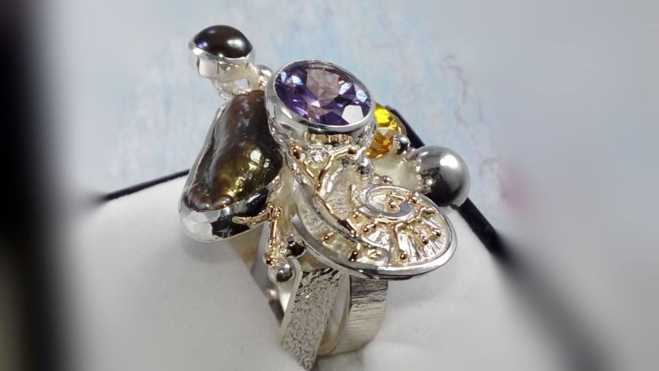 anello cyber 1565, argento sterling e oro 585, olivina, citrino, ametista, perlas, moda donna, collezione esclusiva artigianale per la tua moda da indossare, originale fatta a mano, Gregorio Pyra Piro