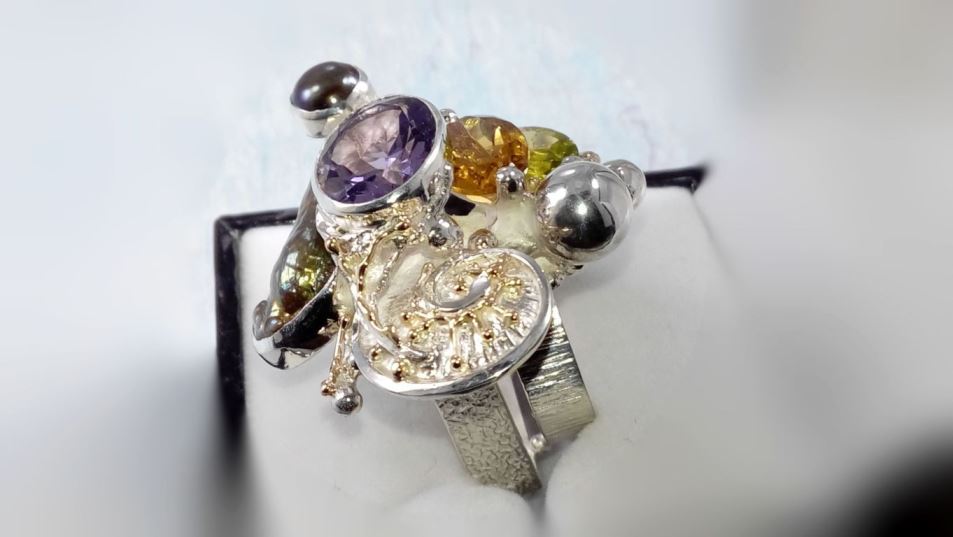 Cyber Ring 1565, Sterling Zilver, Goud, peridoot, Citrien, Amethist, Perlen, Origineel Handgemaakt, Gregory Pyra Piro