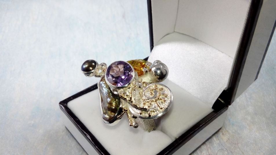 Cyber Ring 1565, Sterling Zilver, Goud, peridoot, Citrien, Amethist, Perlen, Origineel Handgemaakt, Gregory Pyra Piro