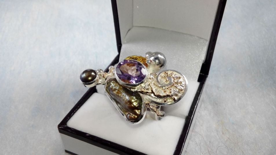 Cyber Ring 1565, Sterling Zilver, Goud, peridoot, Citrien, Amethist, Perlen, Origineel Handgemaakt, Gregory Pyra Piro