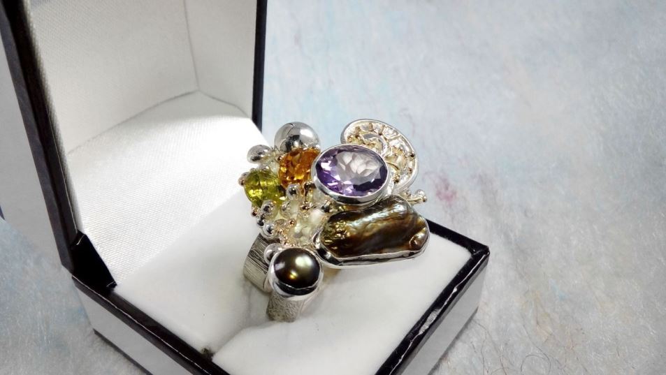 anello cyber 1565, argento sterling e oro 585, olivina, citrino, ametista, perlas, moda donna, collezione esclusiva artigianale per la tua moda da indossare, originale fatta a mano, Gregorio Pyra Piro