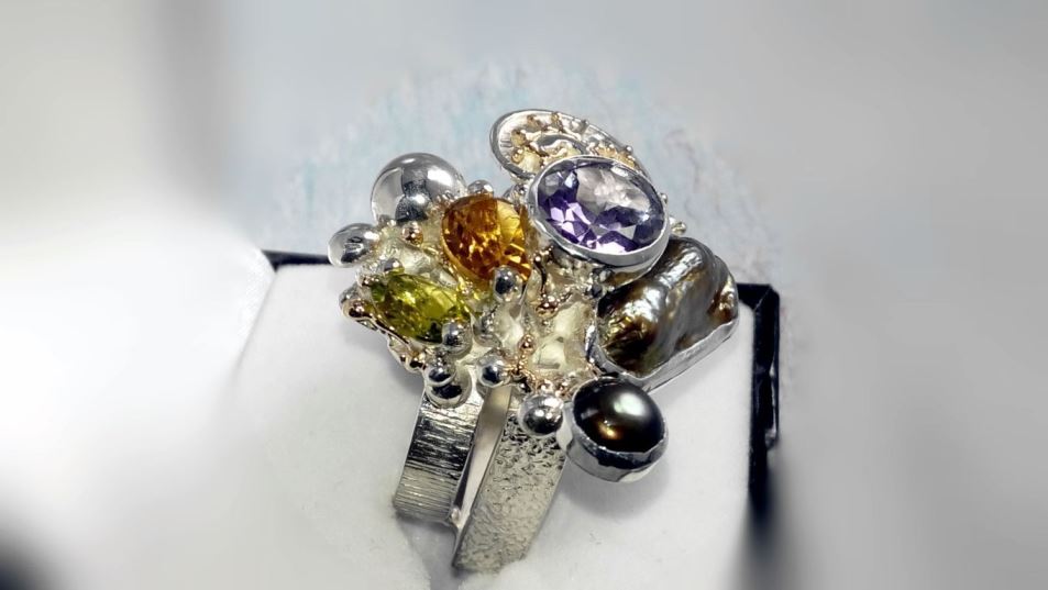 Cyber Ring 1565, Sterling Zilver, Goud, peridoot, Citrien, Amethist, Perlen, Origineel Handgemaakt, Gregory Pyra Piro