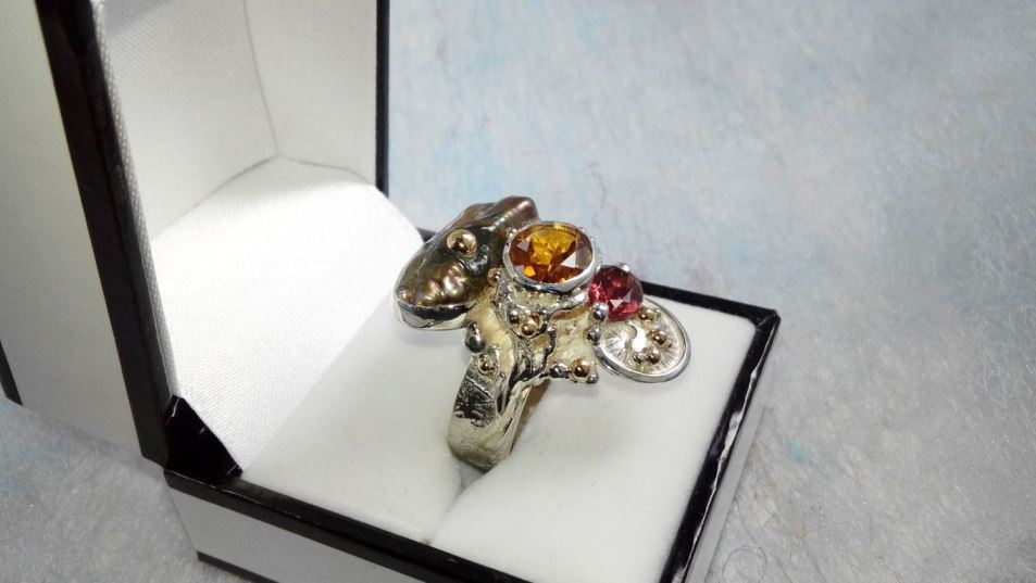 Anello 3292, Argento Sterling e Oro, Citrino, Granato, Perla, moda donna, collezione esclusiva artigianale per la tua moda da indossare, originale fatta a mano, Gregorio Pyra Piro