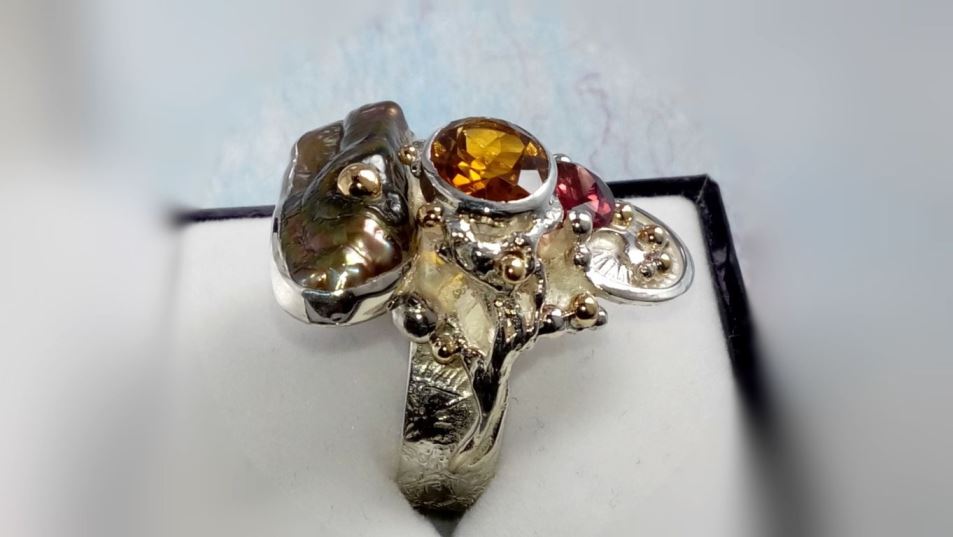 klassisk ring 3292, sterlingsilver, 14 karat guld, citrin, granat, pärla, ursprungliga handgjorda, konstsmycken, bärbar konst, Gregory Pyra Piro