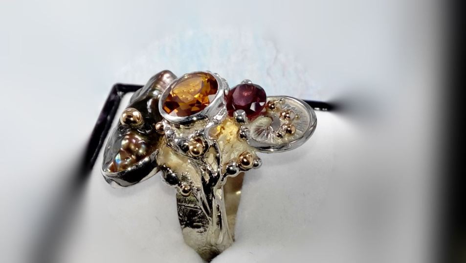 Anello 3292, Argento Sterling e Oro, Citrino, Granato, Perla, moda donna, collezione esclusiva artigianale per la tua moda da indossare, originale fatta a mano, Gregorio Pyra Piro