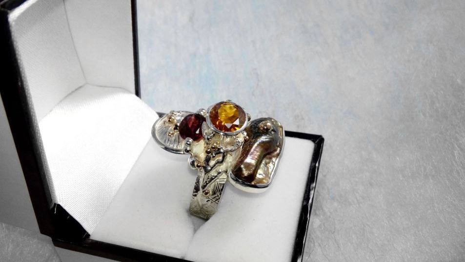 Ring 3292, Sterlingsølv og Gull, Citrin, Granat, Perle, smykkekunst originale håndlaget, Gregory Pyra Piro