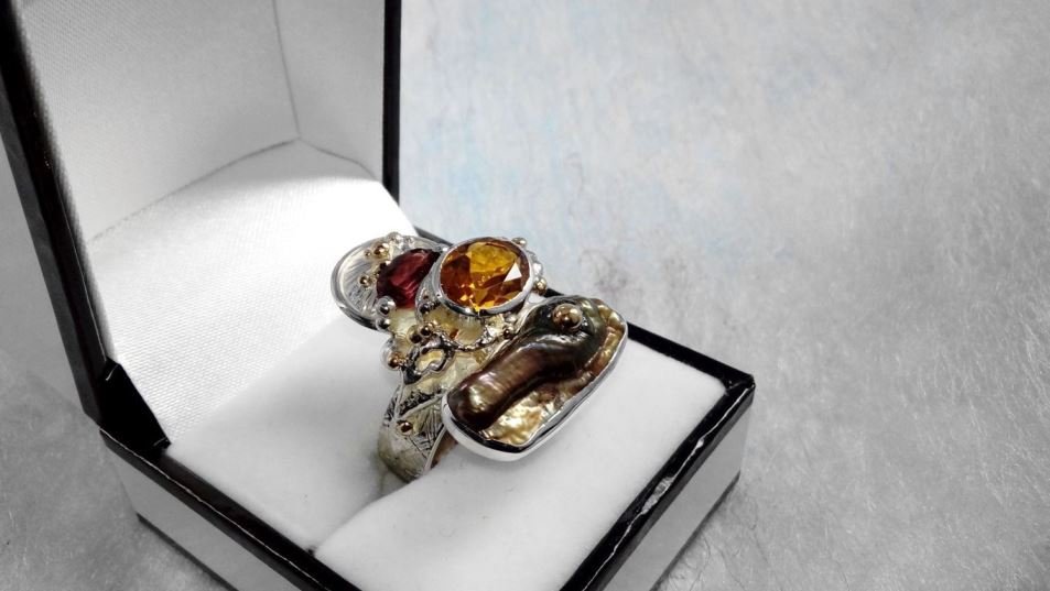 Klassisk Ring 3292, sterling sølv og Guld, Citrin, Granat, Perle, smykkekunst originale håndlavede, Gregory Pyra Piro