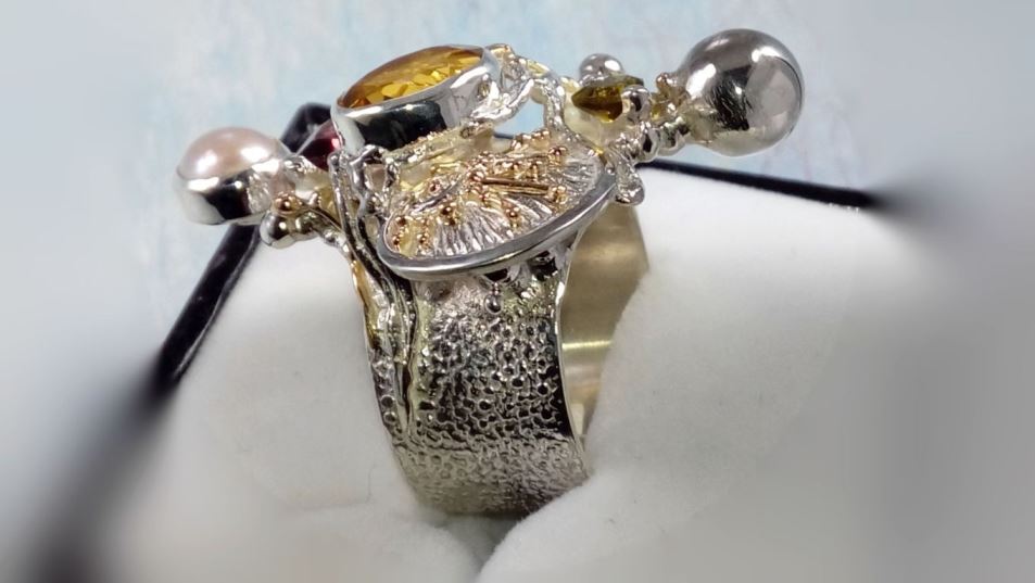 Ring 9435, sterling zilver, goud, citrien, granaat, parel, origineel handgemaakt, Gregory Pyra Piro