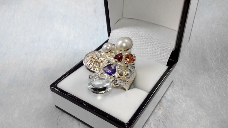 klassisk Ring 2050, sterlingsilver, 14 karat guld, ametist, granat, citrin, pärla, blå topas, ursprungliga handgjorda, konstsmycken, bärbar konst, Gregory Pyra Piro