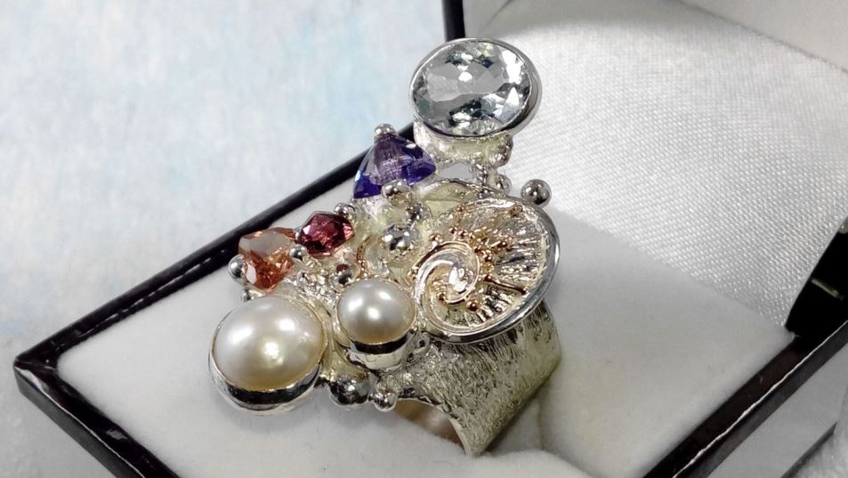 Ring 2050, sterlingsølv, 14 karat gull, Ametyst, Granat, Citrin, Perle, Blå Topas, smykkekunst originale håndlaget, Gregory Pyra Piro