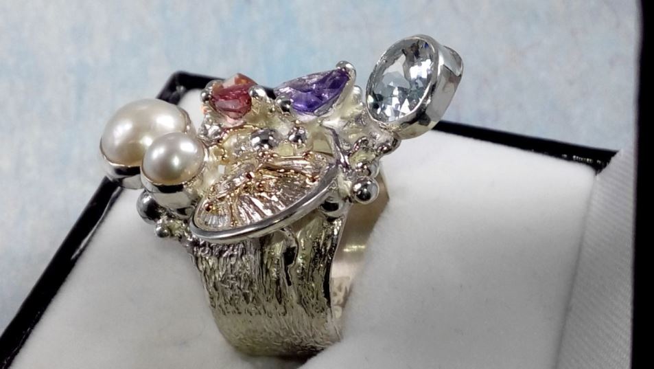 Ring 2050, sterling zilver, goud, amethist, granaat, toermalijn, blauwe topaas parel, origineel handgemaakt, Gregory Pyra Piro