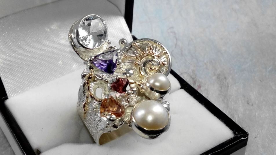 Ring 2050, sterlingsølv, 14 karat gull, Ametyst, Granat, Citrin, Perle, Blå Topas, smykkekunst originale håndlaget, Gregory Pyra Piro