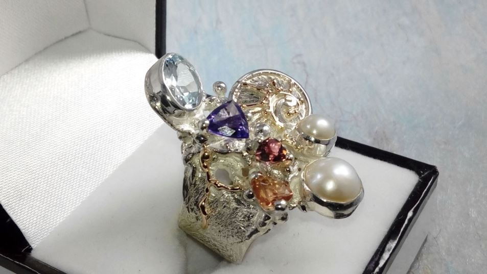 Ring 2050, sterlingsølv, 14 karat gull, Ametyst, Granat, Citrin, Perle, Blå Topas, smykkekunst originale håndlaget, Gregory Pyra Piro