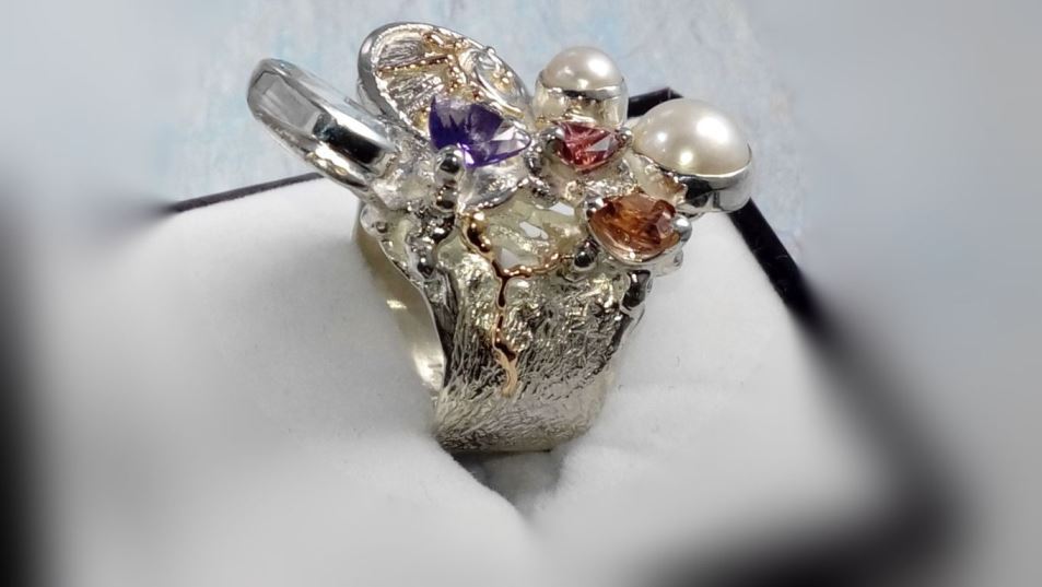 Ring 2050, sterlingsølv, 14 karat gull, Ametyst, Granat, Citrin, Perle, Blå Topas, smykkekunst originale håndlaget, Gregory Pyra Piro