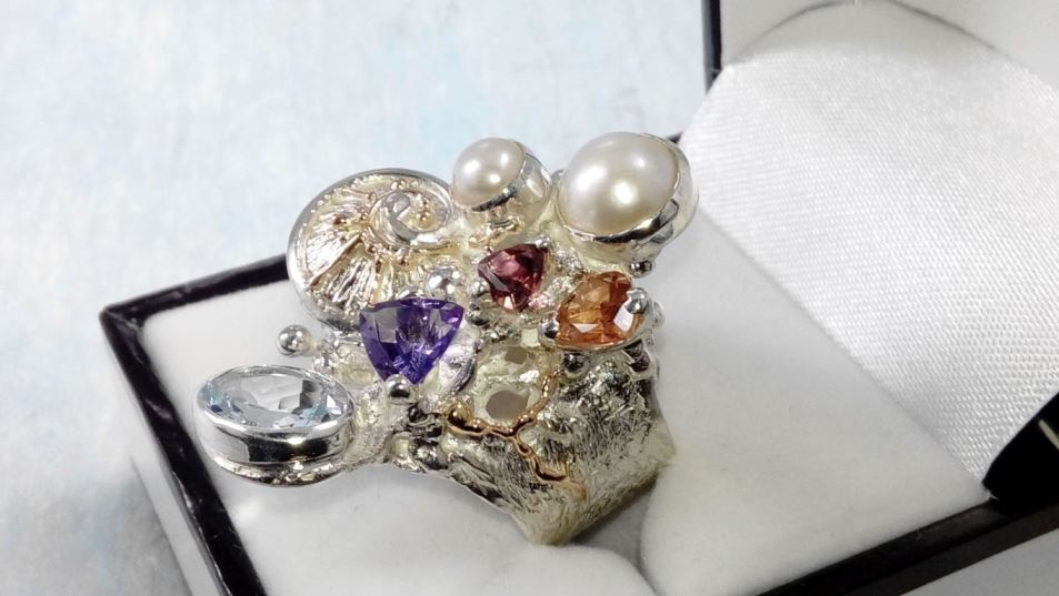 klassisk Ring 2050, sterlingsilver, 14 karat guld, ametist, granat, citrin, pärla, blå topas, ursprungliga handgjorda, konstsmycken, bärbar konst, Gregory Pyra Piro