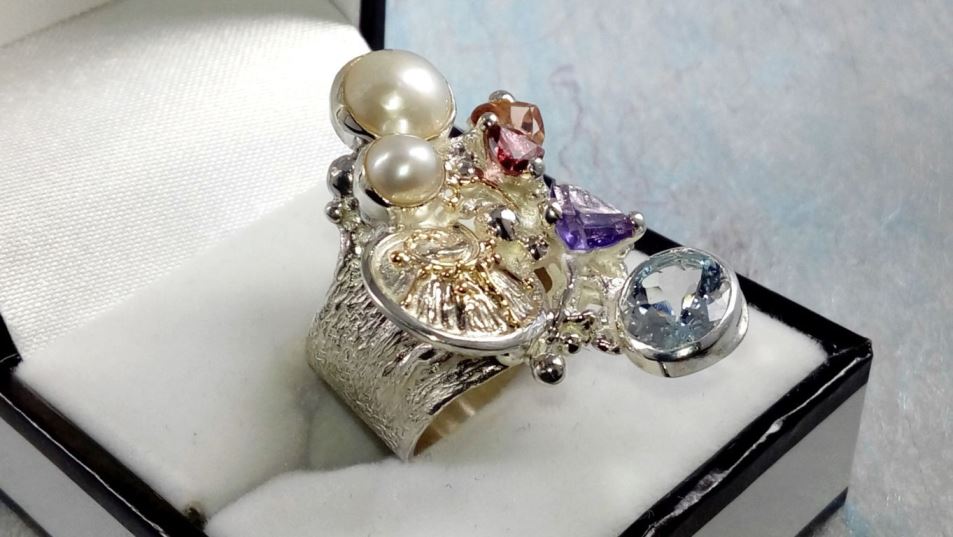 Ring 2050, sterlingsølv, 14 karat gull, Ametyst, Granat, Citrin, Perle, Blå Topas, smykkekunst originale håndlaget, Gregory Pyra Piro