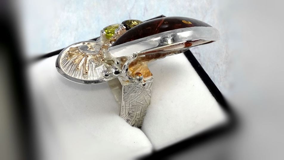 Vierkante Ring 30164, sterling zilver, goud, barnsteen, peridoot, groene toermalijn, origineel handgemaakt, Gregory Pyra Piro