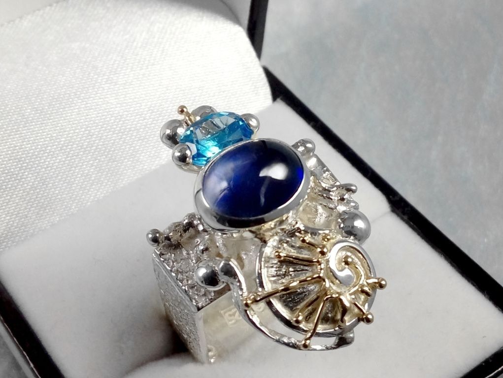 Vierkante Ring 1625, Sterling Zilver, Goud, Ioliet, Blauwe Topaas, Origineel Handgemaakt, Gregory Pyra Piro