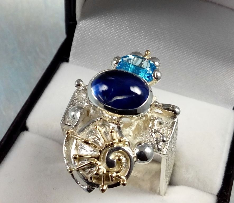 Vierkante Ring 1625, Sterling Zilver, Goud, Ioliet, Blauwe Topaas, Origineel Handgemaakt, Gregory Pyra Piro