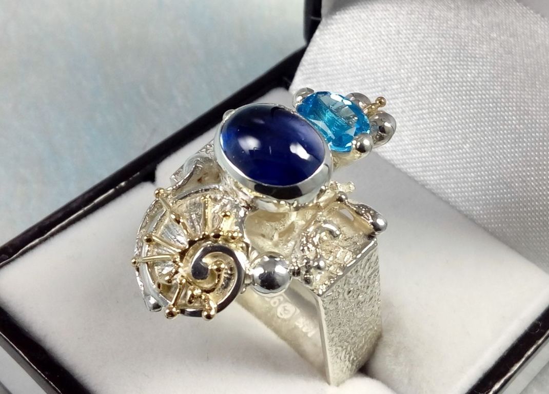 Vierkante Ring 1625, Sterling Zilver, Goud, Ioliet, Blauwe Topaas, Origineel Handgemaakt, Gregory Pyra Piro