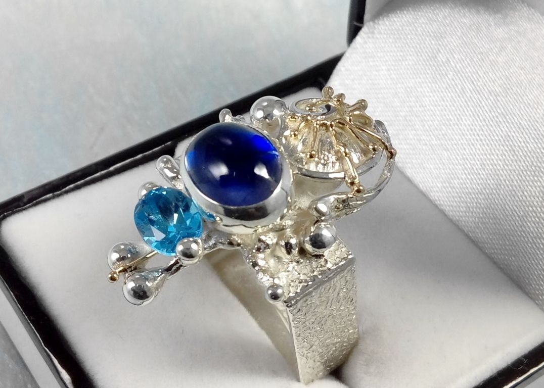 Vierkante Ring 1625, Sterling Zilver, Goud, Ioliet, Blauwe Topaas, Origineel Handgemaakt, Gregory Pyra Piro