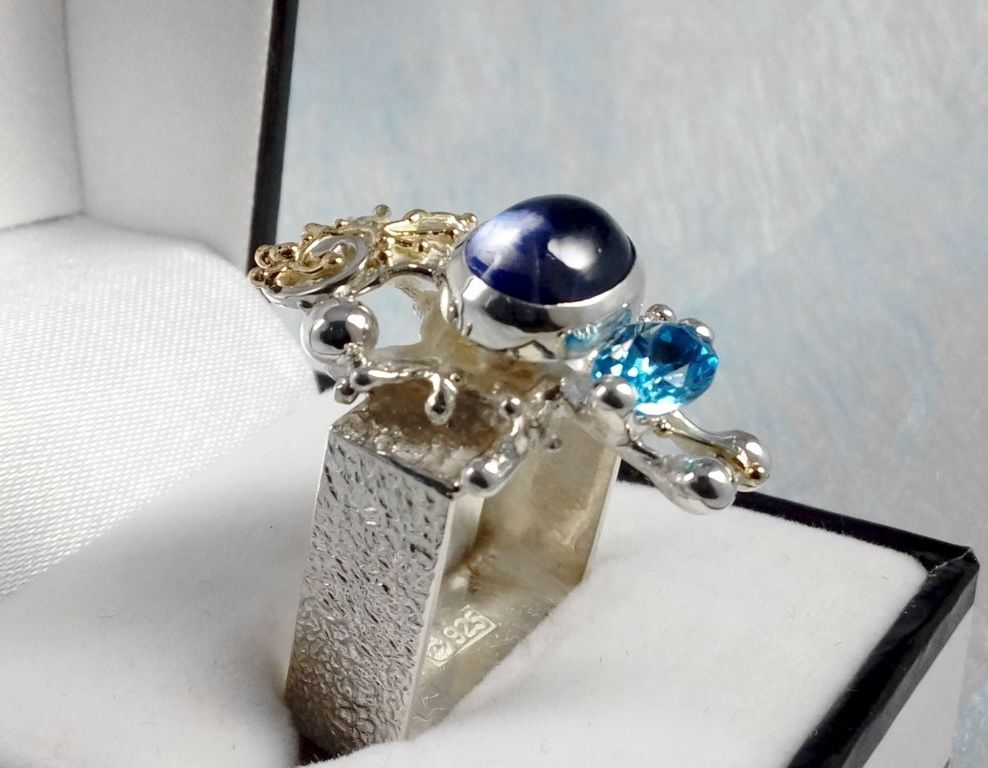 Vierkante Ring 1625, Sterling Zilver, Goud, Ioliet, Blauwe Topaas, Origineel Handgemaakt, Gregory Pyra Piro