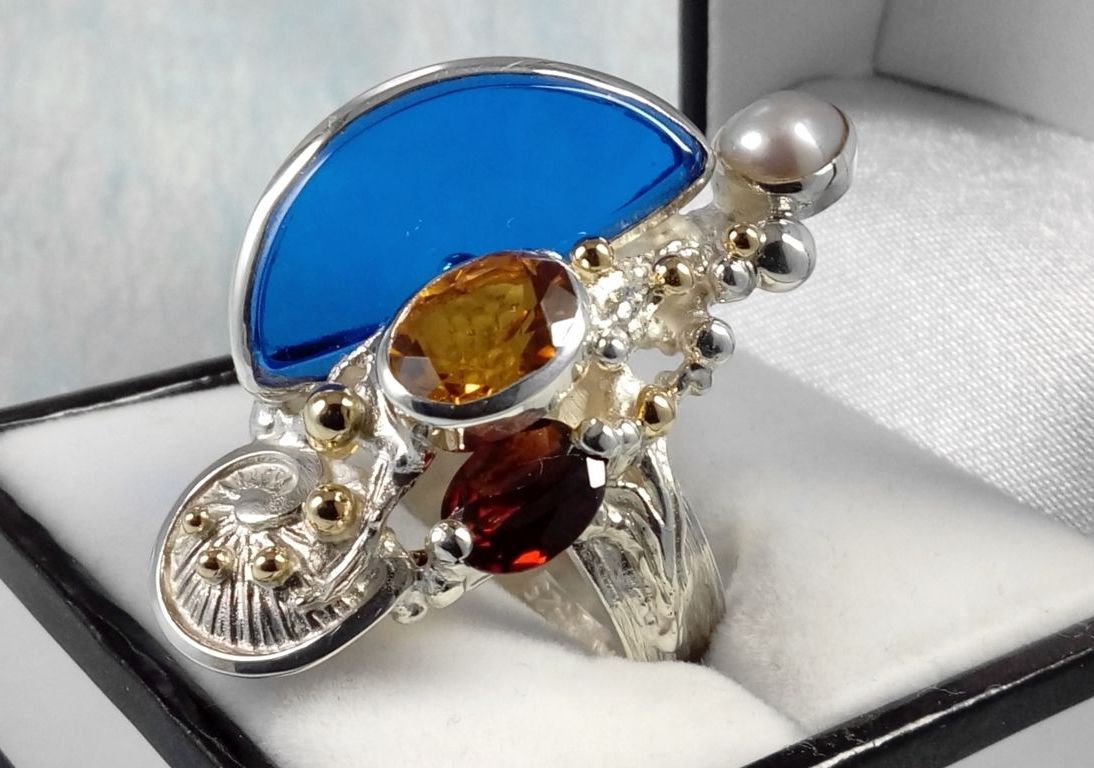 original maker's handcrafted jewellery, gregory pyra piro ring 3624, sterling silver, gold, citrine, garnet, pearl, glass, art nouveau inspired fashion jewelry, handcrafted jewelry with antique motif, where to find art nouveau inspired fashion jewelry, fine jewellery instpired by retro fashion, jewellery and antique shops, shop for antiques and jewellery, shop for vintage jewellery, are there still artists and designers who make jewelry the old fashioned way, where to find contemporary jewelry with an antique motif, art and craft gallery artisan handcrafted jewellery for sale, jewellery with ocean and seashell theme