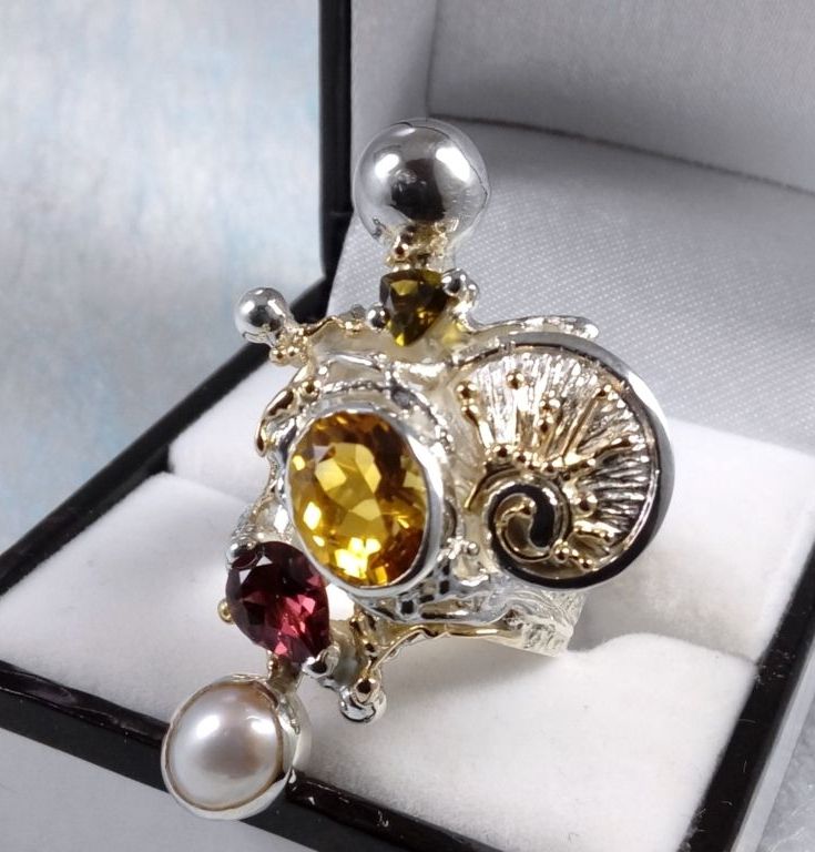 Ring 9435, sterling zilver, goud, citrien, granaat, parel, origineel handgemaakt, Gregory Pyra Piro