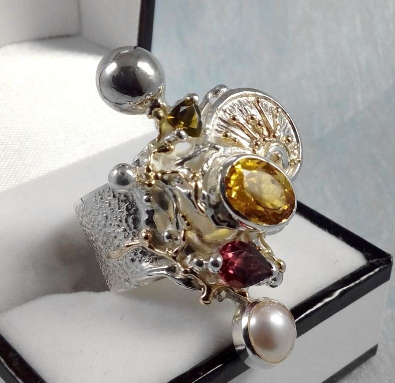 Ring 9435, Sterlingsølv og Gull, Citrin, Granat, Perle, smykkekunst originale håndlaget, Gregory Pyra Piro