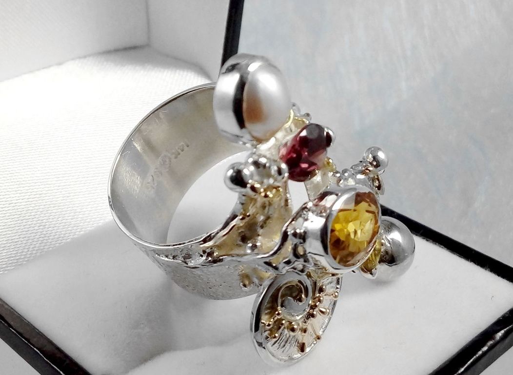 klassisk ring 9435, sterlingsilver, 14 karat guld, citrin, granat, pärla, ursprungliga handgjorda, konstsmycken, bärbar konst, Gregory Pyra Piro