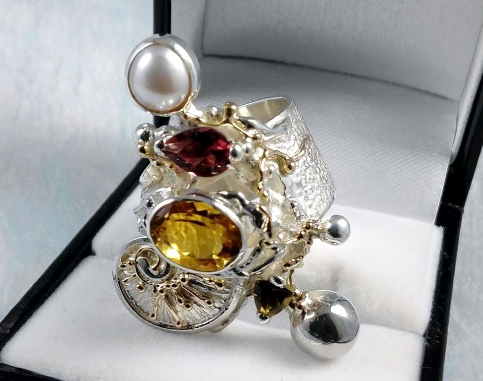 Ring Nr. 9435, Sterlingsilber und Gold 585, Citrin, Granat, Perle, Schmuckkunst Original Handgefertigt, Schmuck inspiriert von der Jugendstil Mode, Gregory Pyra Piro, Einzelstück, Modeaccessoires zu tragen, Modekollektion, handwerker Schmuck, Tragbare Kunst, Schmuckkunst