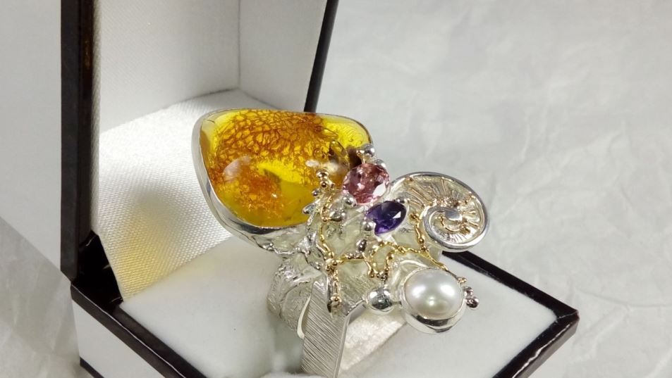 gregory pyra piro bague cyber 53869 fait main de créateur bague, bague avec ambre et améthyste, bague avec ambre et tourmaline rose, bague avec ambre et perle