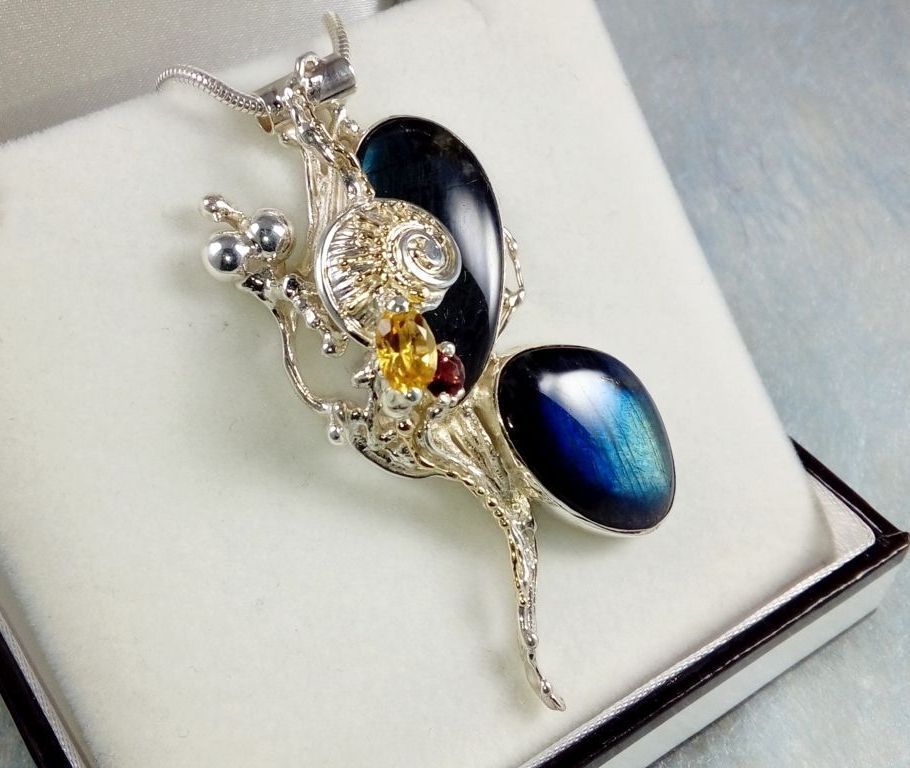 one of a kind pendant #35843, sterling silver, 14 karat gold, labrodirite, garnet, citrine, gregory pyra piro