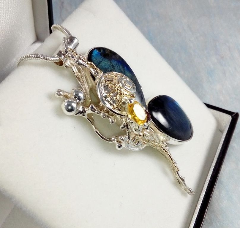 Hanger 35843, sterling zilver, goud, labradoriet, granaat, citrien, origineel handgemaakt, Gregory Pyra Piro