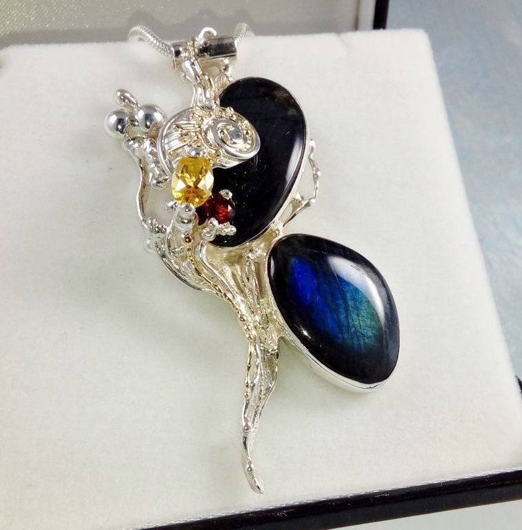 one of a kind pendant #35843, sterling silver, 14 karat gold, labrodirite, garnet, citrine, gregory pyra piro