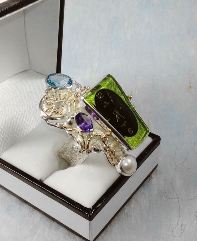 Ring med Klokke Bevegelse 5381, sterlingsølv og gull, blå topas, ametyst, smykkekunst originale håndlaget, Gregory Pyra Piro