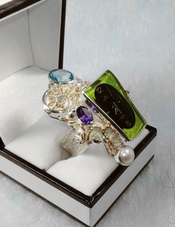 Ring med Klokke Bevegelse 5381, sterlingsølv og gull, blå topas, ametyst, smykkekunst originale håndlaget, Gregory Pyra Piro