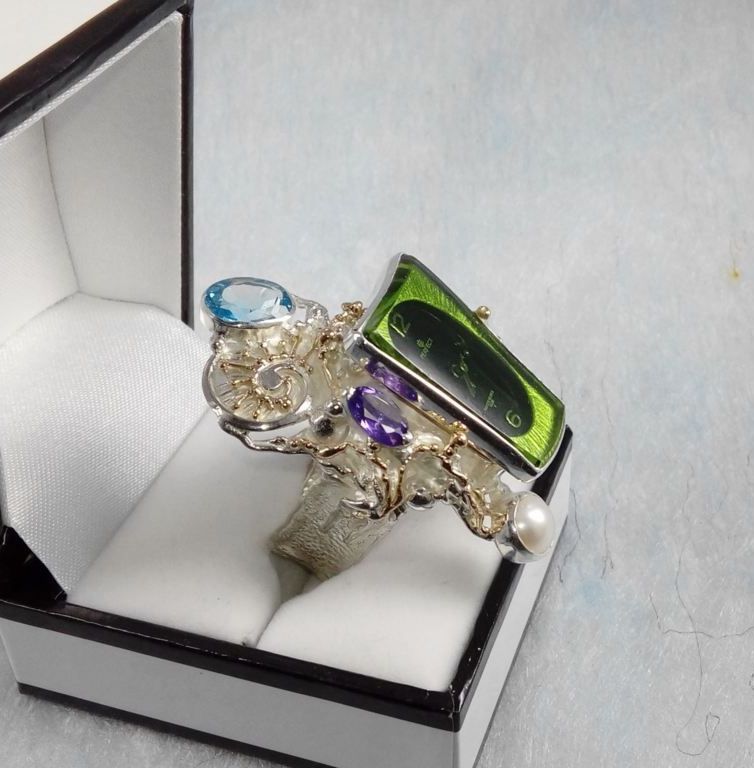 Ring med Klokke Bevegelse 5381, sterlingsølv og gull, blå topas, ametyst, smykkekunst originale håndlaget, Gregory Pyra Piro