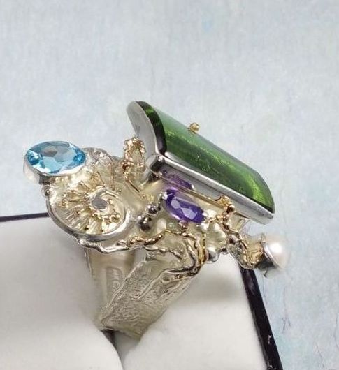 Anello Quadrato con Movimento dell'Orologio nº 5831, argento sterling e oro 585, topazio azzuro, ametista, moda donna, collezione esclusiva artigianale per la tua moda da indossare, originale fatta a mano, Gregorio Pyra Piro