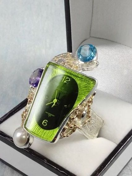 Vierkante Ring met Kijk Beweging 5381, sterling zilver, goud, blauwe topaas, amethist, origineel handgemaakt, Gregory Pyra Piro