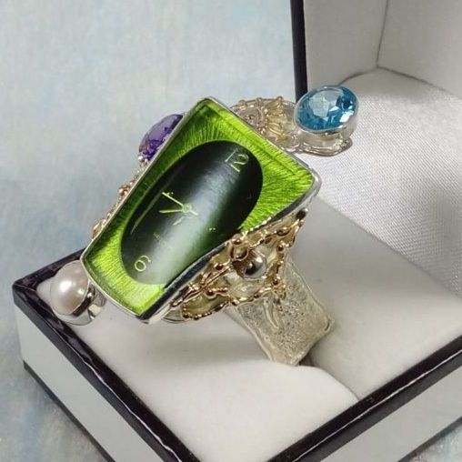 Vierkante Ring met Kijk Beweging 5381, sterling zilver, goud, blauwe topaas, amethist, origineel handgemaakt, Gregory Pyra Piro