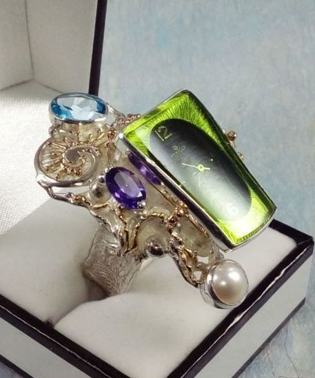 Vierkante Ring met Kijk Beweging 5381, sterling zilver, goud, blauwe topaas, amethist, origineel handgemaakt, Gregory Pyra Piro