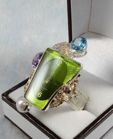 Vierkante Ring met Kijk Beweging 5381, sterling zilver, goud, blauwe topaas, amethist, origineel handgemaakt, Gregory Pyra Piro