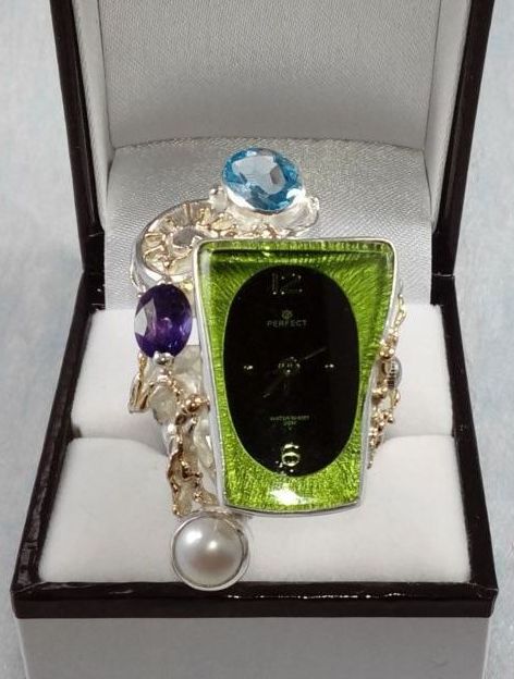 Ring mit Uhr Bewegung Nr. 5381, Sterlingsilber und Gold 585, Topas, Amethyst, Schmuckkunst Original Handgefertigt, Schmuck inspiriert von der Jugendstil Mode, Gregory Pyra Piro, Einzelstück, Modeaccessoires zu tragen, Modekollektion, handwerker Schmuck, Tragbare Kunst, Schmuckkunst