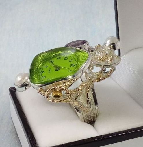 Ring med Ure Bevægelse 5382, sterling sølv og guld, ametist, perle, smykkekunst originale håndlavede, Gregory Pyra Piro