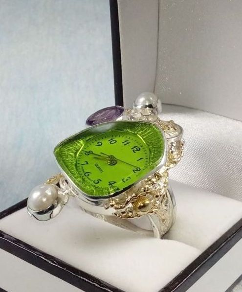 Anello con Movimento dell'Orologio nº 5832, argento sterling e oro 585, ametista, perla, moda donna, collezione esclusiva artigianale per la tua moda da indossare, originale fatta a mano, Gregorio Pyra Piro