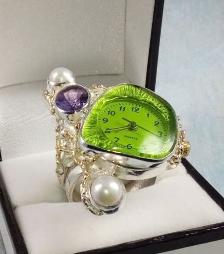 Ring med Ure Bevægelse 5382, sterling sølv og guld, ametist, perle, smykkekunst originale håndlavede, Gregory Pyra Piro