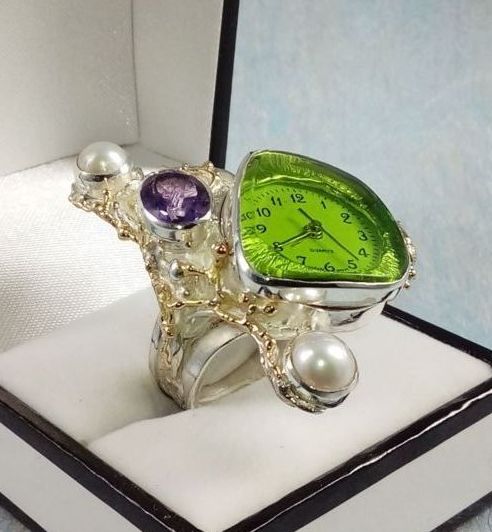 Ring med Ure Bevægelse 5382, sterling sølv og guld, ametist, perle, smykkekunst originale håndlavede, Gregory Pyra Piro